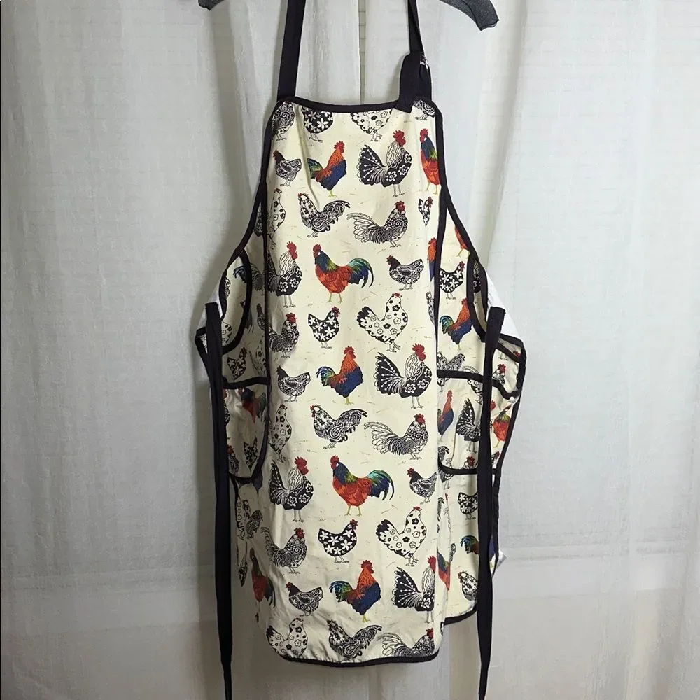 ULSTER WEAVERS Cream Navy Red Country Roosters Hens Cotton Apron with Pockets